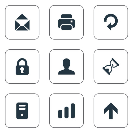 Set Of 9 Simple Apps Icons. Can Be Found Such Elements As Refresh, Printout, Sand Timer.のイラスト素材