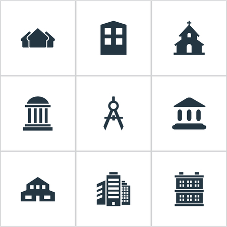 Set Of 9 Simple Architecture Icons. Can Be Found Such Elements As Popish, Residential, Construction And Other.のイラスト素材