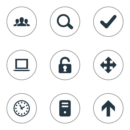 Set Of 9 Simple Practice Icons. Can Be Found Such Elements As Community, Upward Direction, Notebook And Other.のイラスト素材