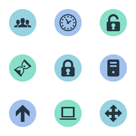 Set Of 9 Simple Apps Icons. Can Be Found Such Elements As Sand Timer, Computer Case, Upward Direction.のイラスト素材