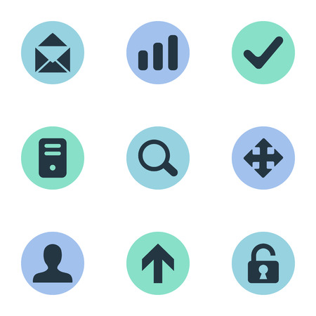 Set Of 9 Simple Apps Icons. Can Be Found Such Elements As Check, Open Padlock, Upward Direction And Other.のイラスト素材