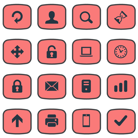 Set Of 16 Simple Apps Icons. Can Be Found Such Elements As Lock, Upward Direction, User And Other.のイラスト素材