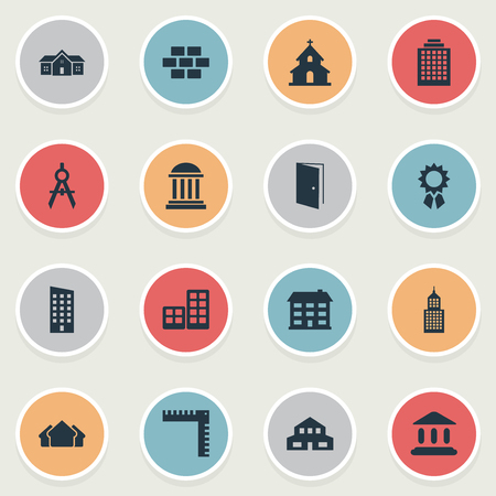 Set Of 16 Simple Architecture Icons. Can Be Found Such Elements As Residence, Popish, School And Other.のイラスト素材