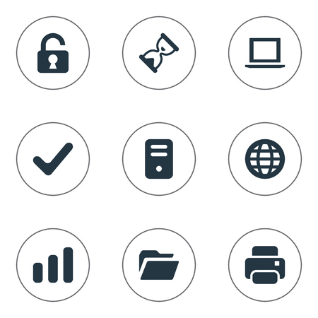 Set Of 9 Simple Application Icons. Can Be Found Such Elements As Computer Case, Check, Sand Timer.のイラスト素材
