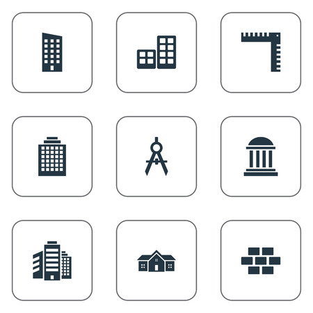 Set Of 9 Simple Architecture Icons. Can Be Found Such Elements As Engineer Tool, Academy, Superstructure And Other.のイラスト素材