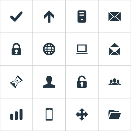 Set Of 16 Simple Application Icons. Can Be Found Such Elements As Envelope, Open Padlock, User And Other.のイラスト素材