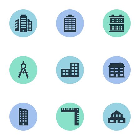 Set Of 9 Simple Structure Icons. Can Be Found Such Elements As Floor, School, Offices And Other.のイラスト素材