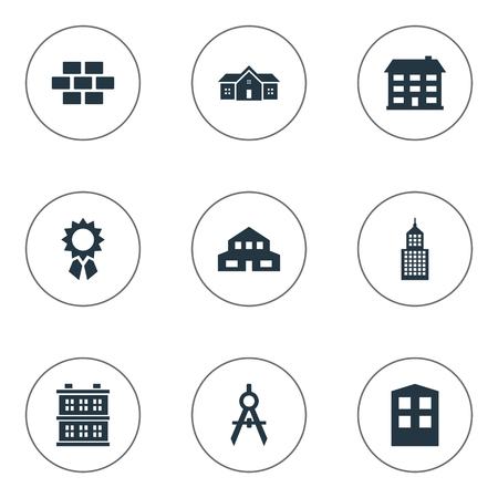Set Of 9 Simple Architecture Icons. Can Be Found Such Elements As School, Residential, Block And Other.のイラスト素材