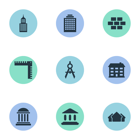 Set Of 9 Simple Architecture Icons. Can Be Found Such Elements As Booth, Academy, Engineer Tool And Other.のイラスト素材