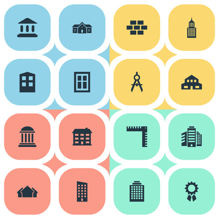 Set Of 16 Simple Structure Icons. Can Be Found Such Elements As Booth, Floor, Superstructure And Other.のイラスト素材