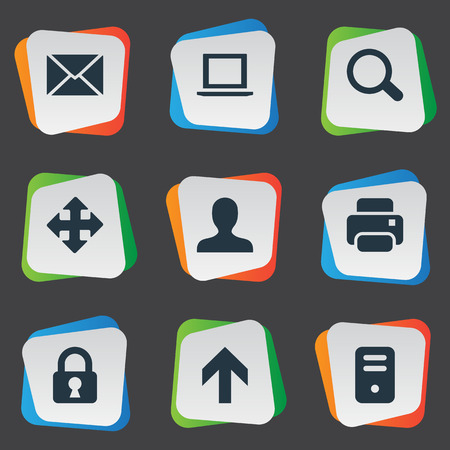 Set Of 9 Simple Apps Icons. Can Be Found Such Elements As Computer Case, Magnifier, User And Other.のイラスト素材