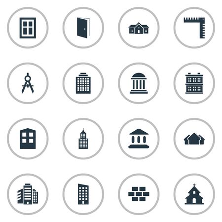 Set Of 16 Simple Architecture Icons. Can Be Found Such Elements As Gate, Floor, Superstructure And Other.のイラスト素材