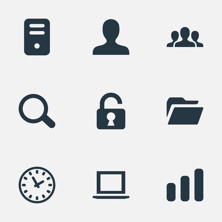 Set Of 9 Simple Apps Icons. Can Be Found Such Elements As Computer Case, Open Padlock, Dossier And Other.のイラスト素材