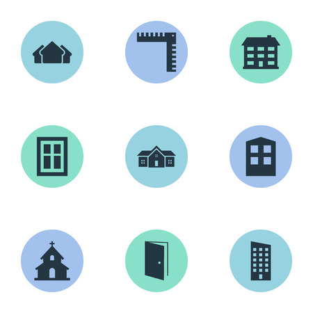 Set Of 9 Simple Structure Icons. Can Be Found Such Elements As Length, Residence, School And Other.のイラスト素材