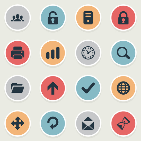 Set Of 16 Simple Practice Icons. Can Be Found Such Elements As Computer Case, Check, Open Padlock And Other.のイラスト素材