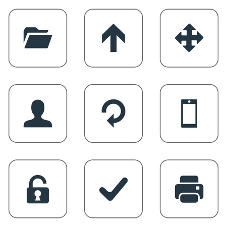 Set Of 9 Simple Practice Icons. Can Be Found Such Elements As Printout, Dossier, Open Padlock And Other.のイラスト素材