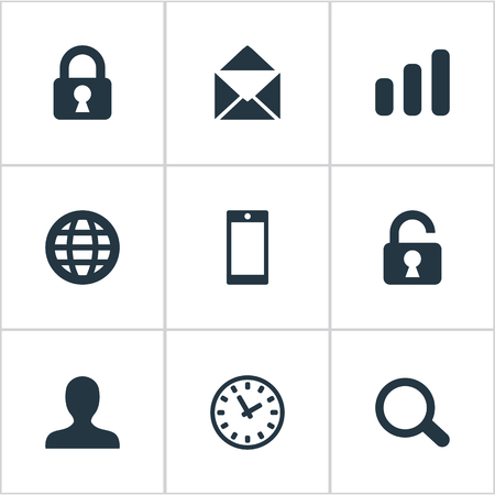 Set Of 9 Simple Apps Icons. Can Be Found Such Elements As Open Padlock, Envelope, Web And Other.のイラスト素材