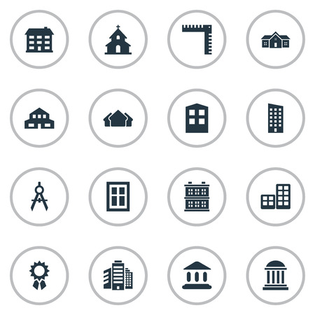Set Of 16 Simple Architecture Icons. Can Be Found Such Elements As Residential, Reward, Block And Other.のイラスト素材