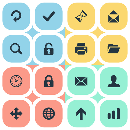 Set Of 16 Simple Apps Icons. Can Be Found Such Elements As Magnifier, Envelope, Message And Other.のイラスト素材
