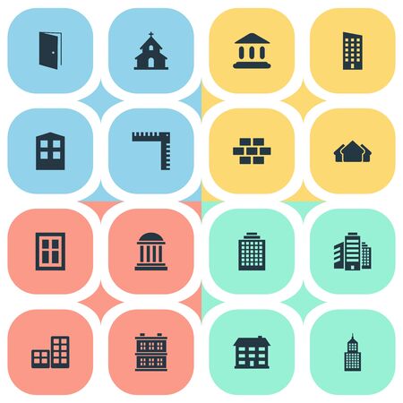 Set Of 16 Simple Architecture Icons. Can Be Found Such Elements As Stone, Offices, Flat And Other.のイラスト素材