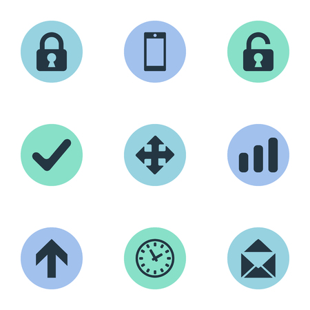 Set Of 9 Simple Apps Icons. Can Be Found Such Elements As Upward Direction, Check, Envelope And Other.のイラスト素材
