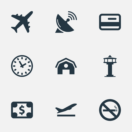 Illustration Set Of Simple Travel Icons. Elements Credit Card, Takeoff, Plane And Other Synonyms Takeoff, Tower And Satelite.のイラスト素材