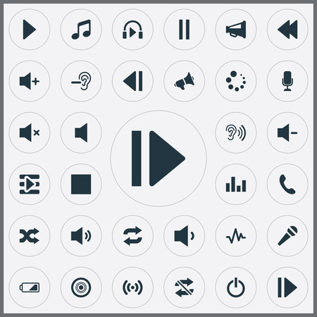 Vector Illustration Set Of Simple Music Icons. Elements Silent, Headphone, Stop And Other Synonyms Speech, Low Battery And Stop.のイラスト素材