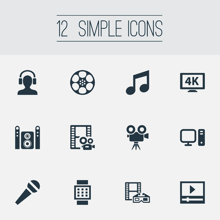 Elements Spectacles, Mike, Movie Streaming And Other Synonyms Cinema, Reel And Tripod.  Vector Illustration Set Of Simple Multi Icons.のイラスト素材