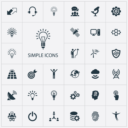 Vector Illustration Set Of Simple Creativity Icons. Elements Optical Instrument, Deadline, Target And Other Synonyms Energy, Shield And Creativity.