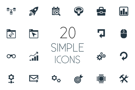Vector Illustration Set Of Simple SEO Icons. Elements Construction, Optical Zoom, Growth And Other Synonyms Arrow, Wrench And Bookmark.のイラスト素材