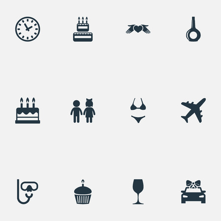 Vector Illustration Set Of Simple Festal Icons. Elements Airplane, Pastry, Love Protection And Other Synonyms Fly, Dessert And Bikini.のイラスト素材