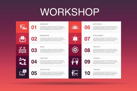 workshop Infographic 10 option template.motivation, knowledge, intelligence, practice simple iconsのイラスト素材
