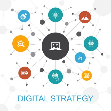 digital strategy trendy web concept with icons. Contains such icons as internet, SEO, content marketing, missionのイラスト素材