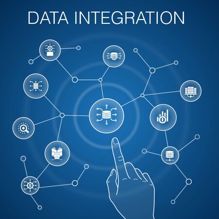 Data integration concept, blue background.database, data scientist, Analytics, Machine Learning simple iconsのイラスト素材