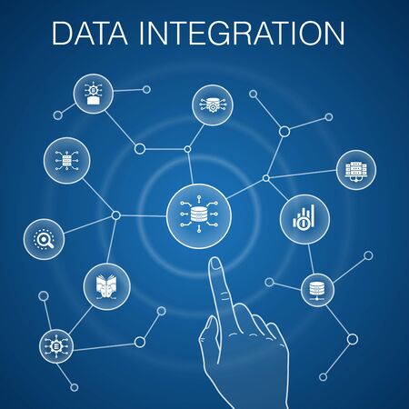 Data integration concept, blue background.database, data scientist, Analytics, Machine Learning simple icons