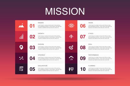 Mission Infographic 10 option template.growth, passion, strategy, performance iconsのイラスト素材