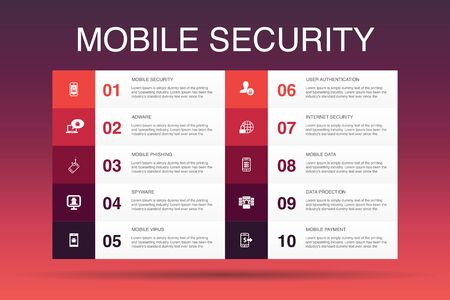 mobile security Infographic 10 option template.mobile phishing, spyware, internet security, data protection iconsのイラスト素材
