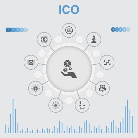 ICO infographic with icons. Contains such icons as cryptocurrency, startup, digital economy, technology