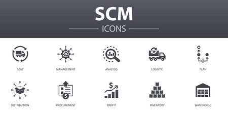 SCM simple concept icons set. Contains such icons as management, analysis, distribution, procurement and more, can be used for webのイラスト素材