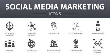 Social Media Marketing simple concept icons set. Contains such icons as User Engagement, Followers, Call To Action, Lead conversion and more, can be used for webのイラスト素材