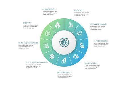 Income Infographic 10 steps circle design. save money, profit, investment, profitability iconsのイラスト素材