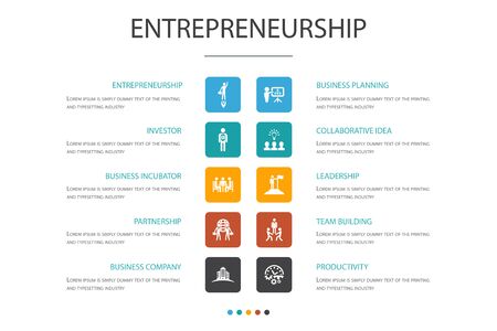 Entrepreneurship Infographic 10 option template.Investor, Partnership, Leadership, Team building iconsのイラスト素材