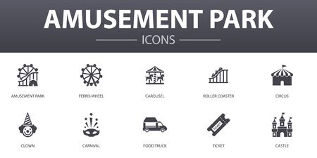 amusement park simple concept icons set. Contains such icons as Ferris wheel, Carousel, Roller coaster, carnival and more, can be used for webのイラスト素材