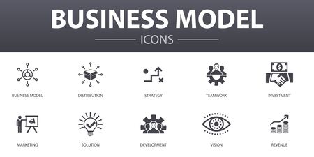 business model simple concept icons set. Contains such icons as strategy, teamwork, marketing, solution and more, can be used for webのイラスト素材