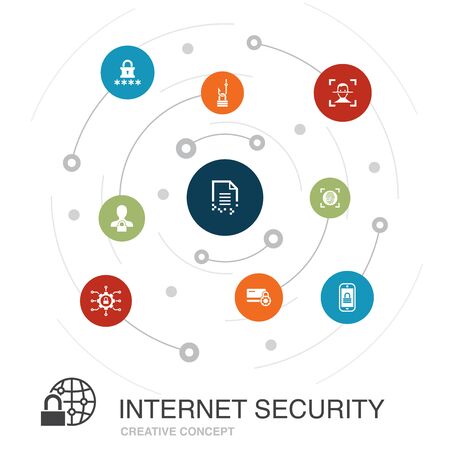 Internet Security colored circle concept with simple icons. Contains such elements as cyber security, fingerprint scanner, data encryption, passwordのイラスト素材