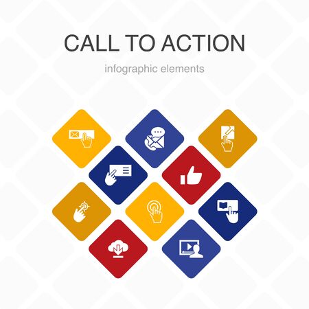 Call To Action Infographic 10 option color design. download, click here, subscribe, contact us simple iconsのイラスト素材