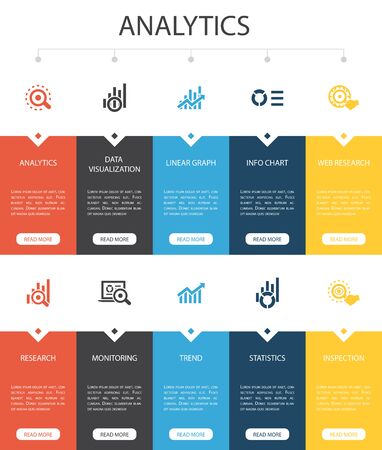 analytics Infographic 10 option UI design.linear graph, web research, trend, monitoring simple iconsのイラスト素材