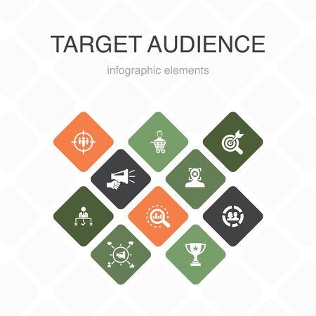 target audience Infographic 10 option color design. consumer, demographics, niche, promotion simple iconsのイラスト素材