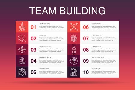 team building Infographic 10 option template.collaboration, communication, cooperation, team leader simple iconsのイラスト素材
