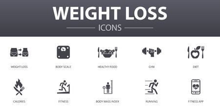 weight loss simple concept icons set. Contains such icons as body scale, healthy food, gym, diet and more, can be used for web, logoのイラスト素材